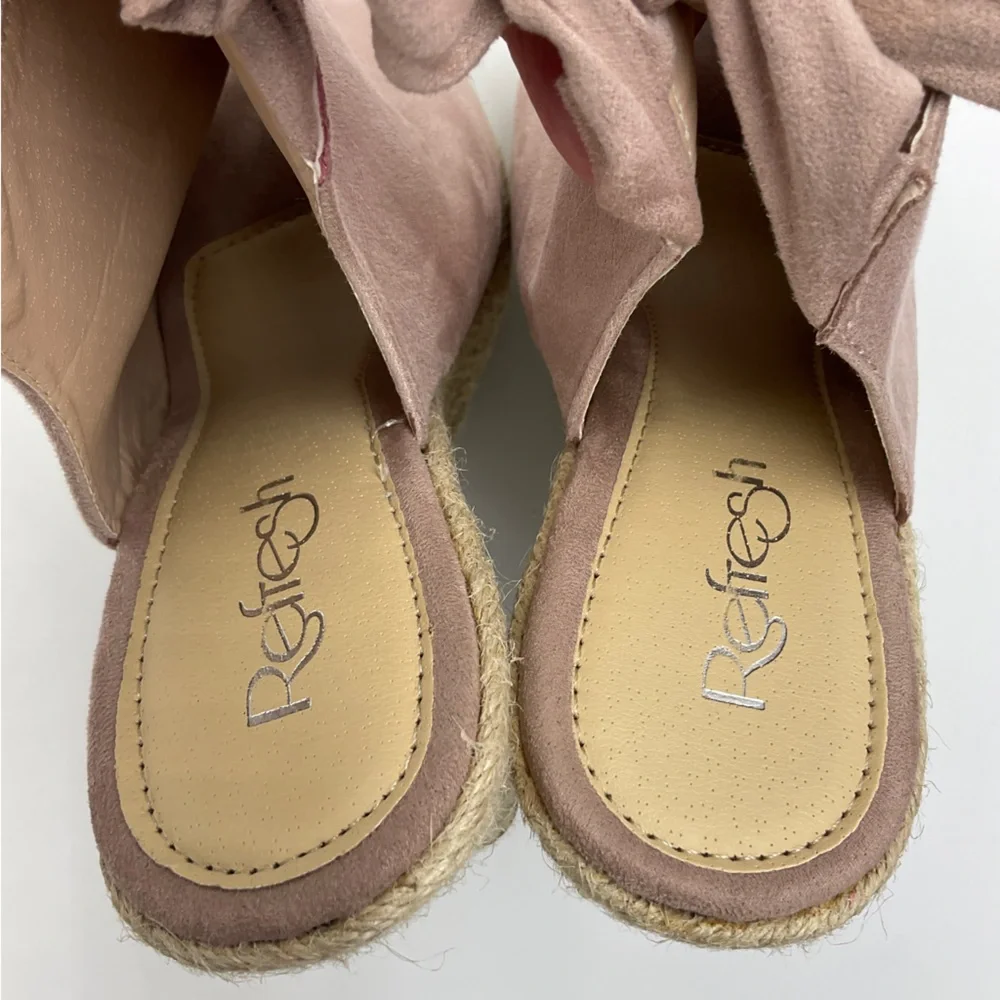 Refresh EUC Miya Pink Suede Espadrille Wedges Ribbon Tie Back Open Toe Size 8.5